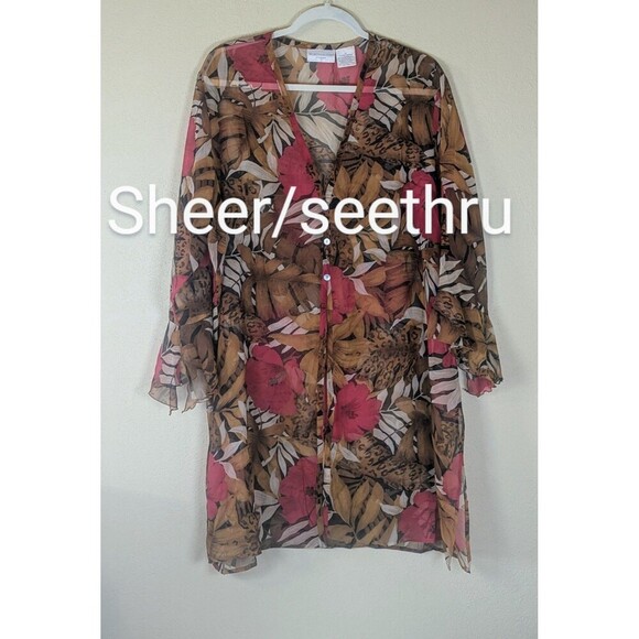 Worthington Woman 2X Sheer Button Front Tunic Duster Top Floral Animal Print - Picture 3 of 7